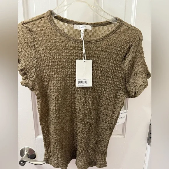 NWT Frame Denim Textured Semi-sheer Women's Baby TShirt in Cypress (Brown), Sz L - Picture 3 of 11